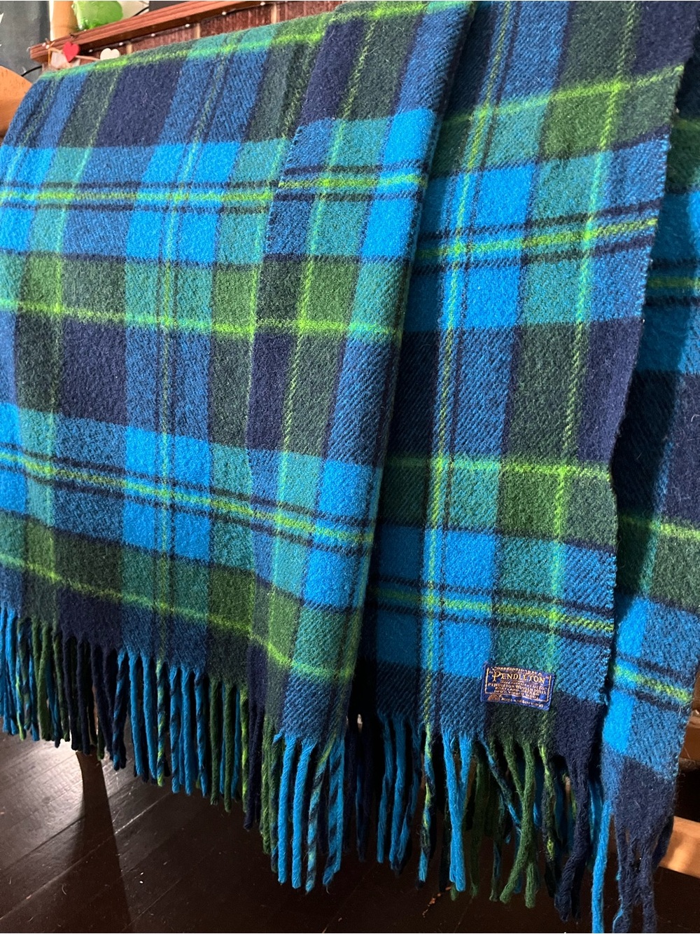 Vintage Pendleton Pure Virgin Wool Throw Blanket Blue Plaid Green Tartan Fringe